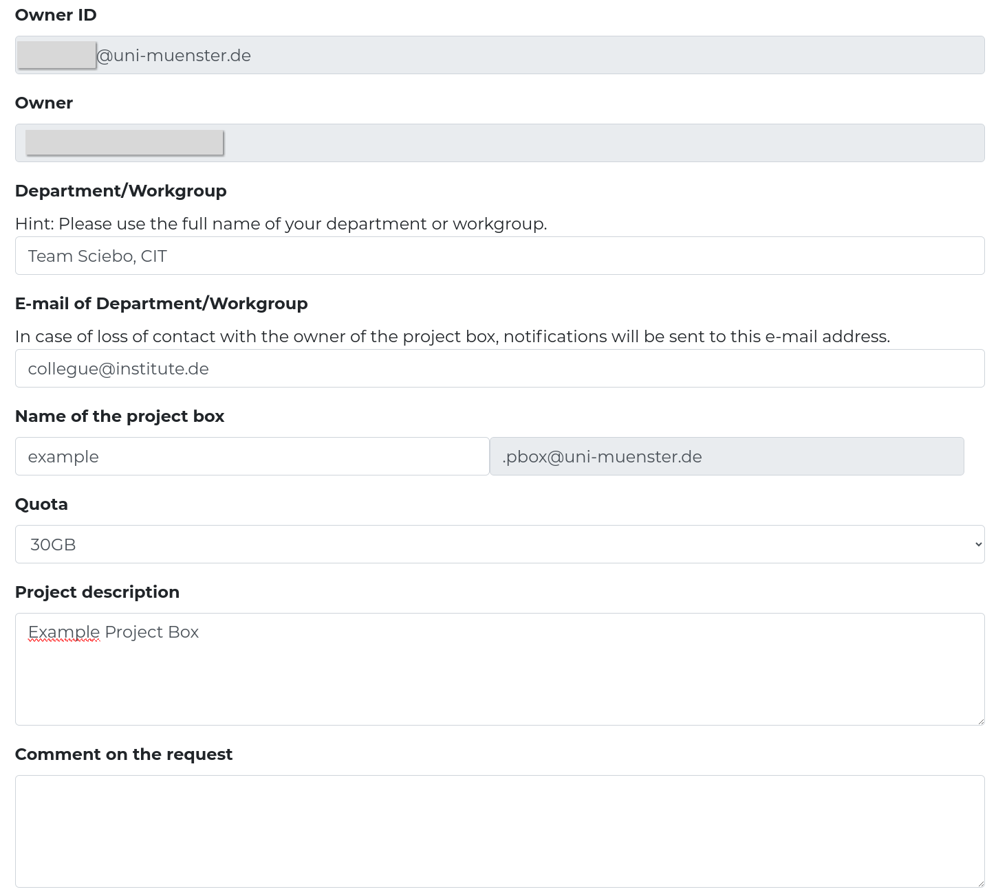 mysciebo Projektboxantrag