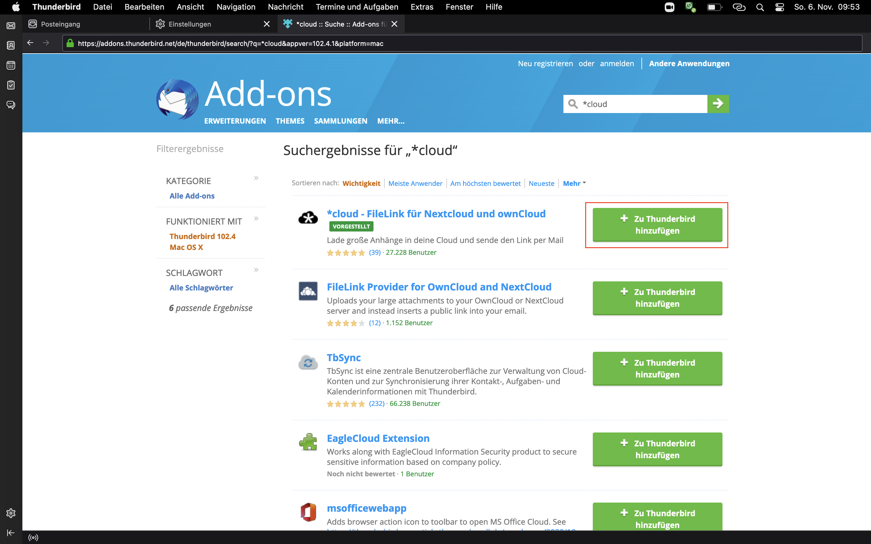 zu thunderbird hinzufügen